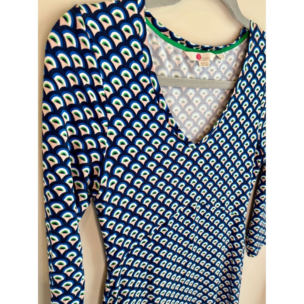 Boden Womens Dress Sz 2 Blue Geometric Print V-Neck 3/4 Sleeve Jersey A-line Mod